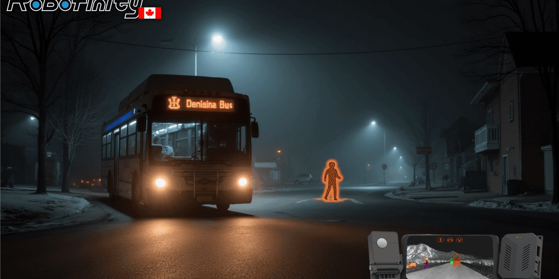 Public transit bus with illuminated destination sign on a street at night.