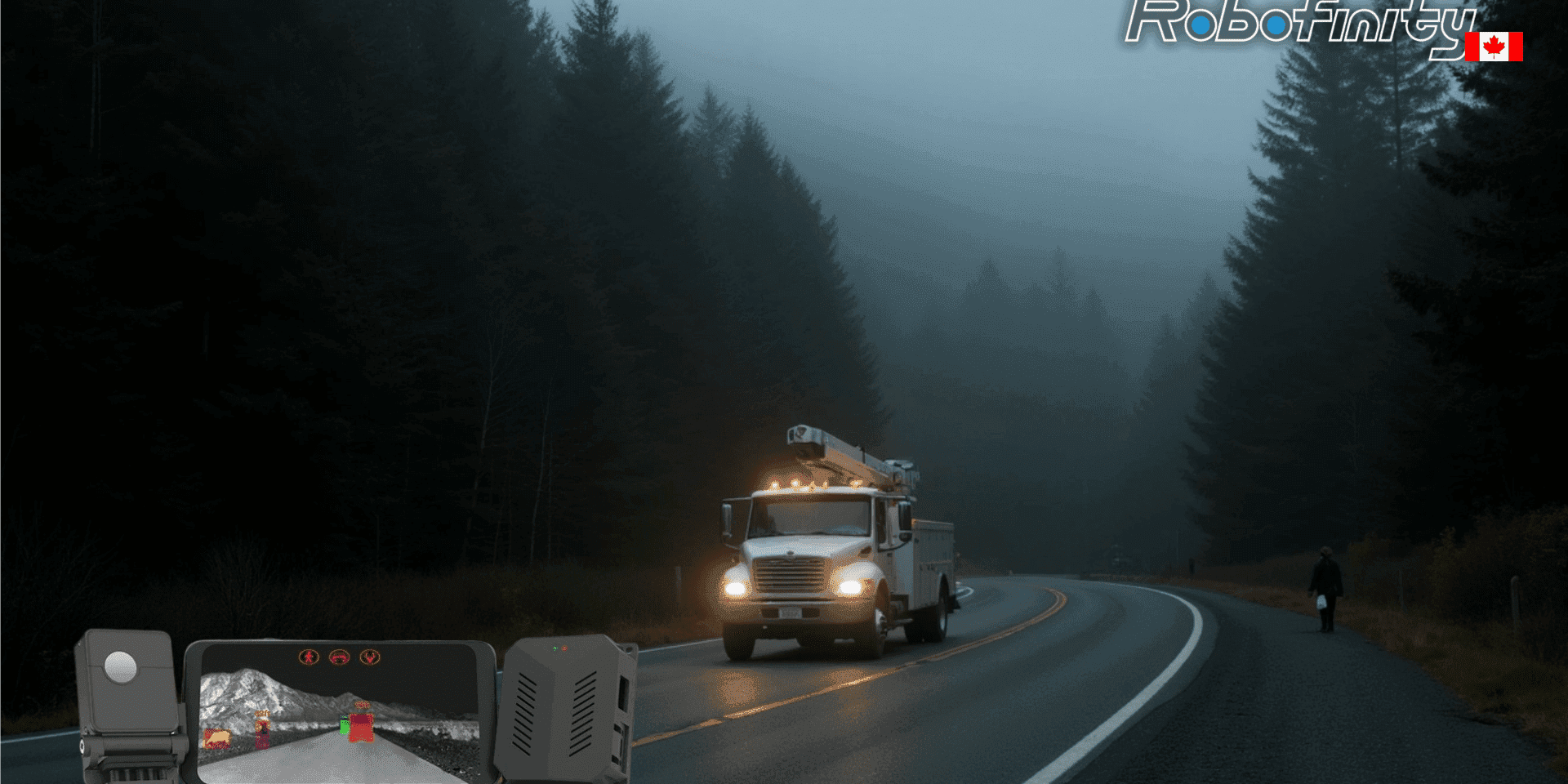 Service truck driving on a winding road through a forested area with fog.