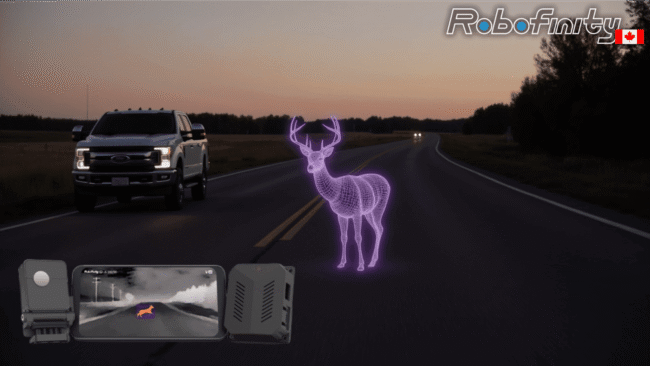 Deer Visualization on Road with Vehicle A digital representation of a deer on a road next to a parked vehicle and a display screen.